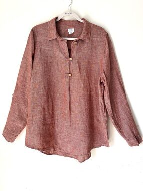 Sigrid Olsen 100% Linen Roll Tab Sleeve Tunic Top relaxed